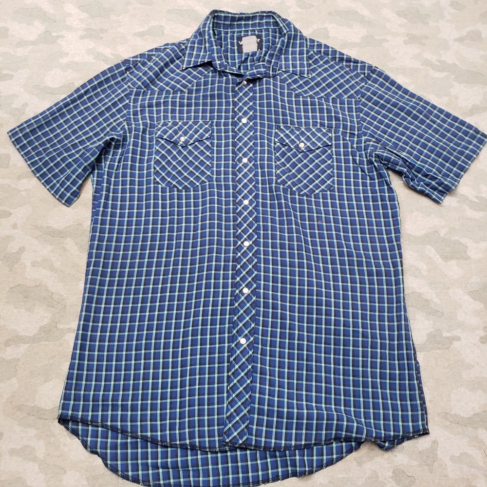 Wrangler Western Shirt‎ Mens Blue Large Tall Rodeo Pearl Snap Short Sleeve